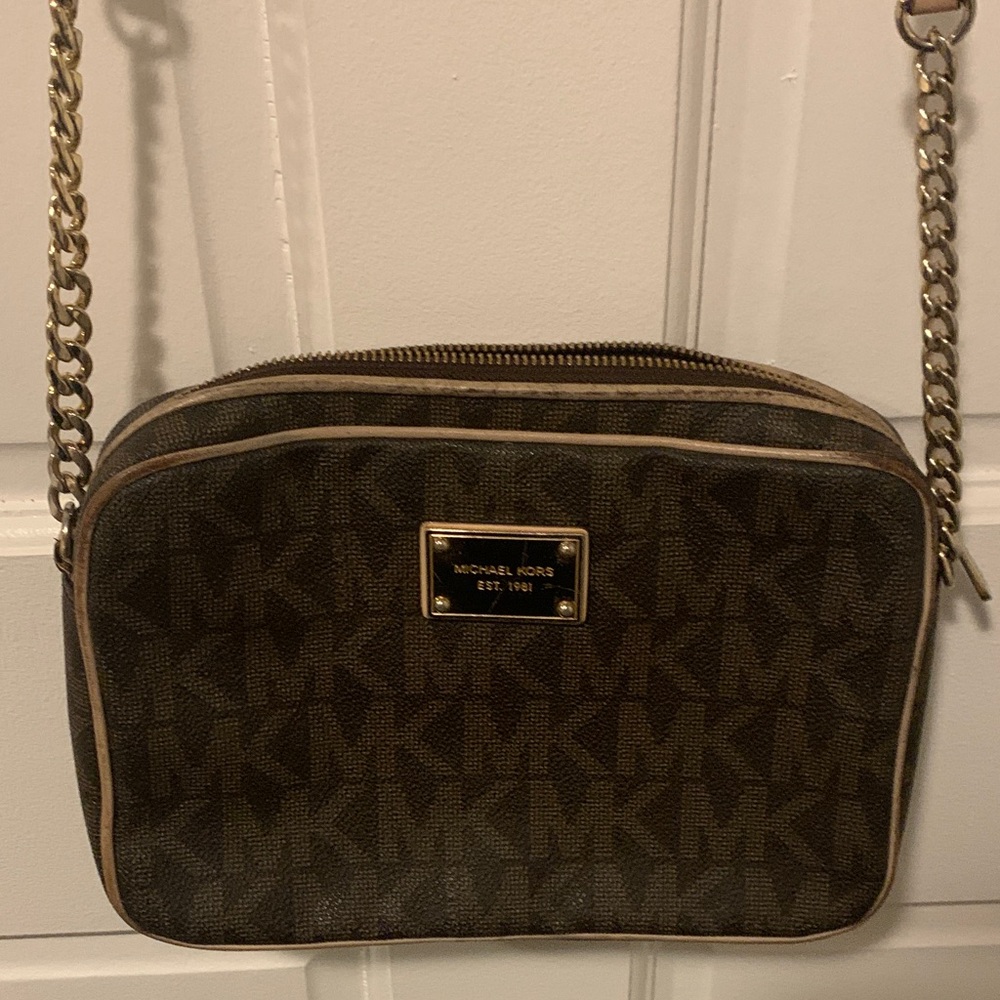 Michael Kors Dark Brown Crossbody Bag with Gold Accents